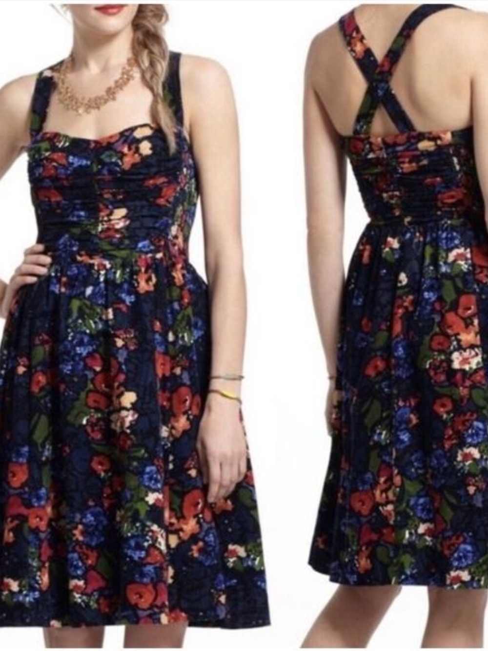 HD In Paris/Anthropologie Corduroy-feel Floral Midi Dress with Cross-Back Straps
